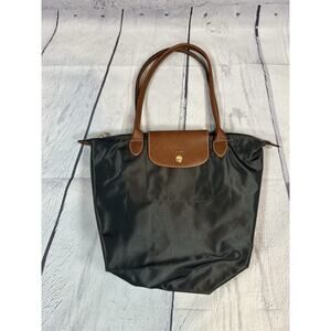 Longchamp Le Pliage Gunmetal Medium Tote Nylon Brown Leather Trim Zip Top
